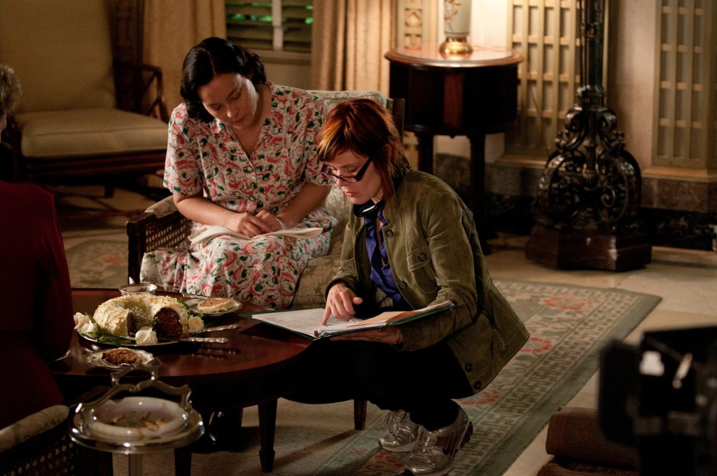 Adrienne working with star Meg Tilly on the set of Bomb Girls.