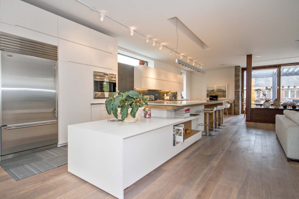 A sleek and clean modern minimalist kitchen film location. 